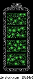 Bright mesh full battery with sparkle effect. Abstract illuminated model of full battery icon. Shiny wire frame triangular mesh full battery. Vector abstraction on a black background.