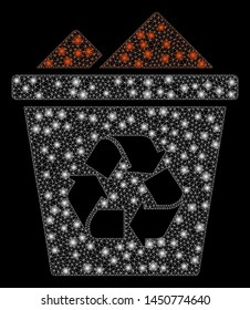 Bright mesh full recycle bin with glitter effect. Abstract illuminated model of full recycle bin icon. Shiny wire carcass triangular mesh full recycle bin. Vector abstraction on a black background.