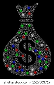 Bright mesh fund with lightspot effect. White wire frame triangular mesh in vector format on a black background. Abstract 2d mesh built from triangular lines, points, colorful flash spots.