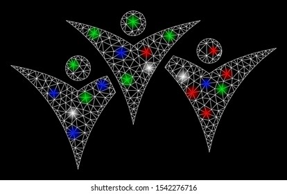 Bright mesh future people group with glow effect. White wire carcass triangular mesh in vector format on a black background. Abstract 2d mesh designed with triangular lines, small circle,
