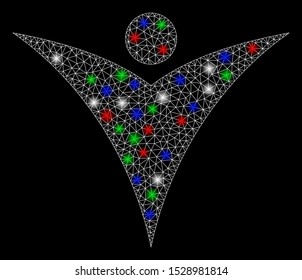 Bright mesh futuristic man with glare effect. White wire frame polygonal mesh in vector format on a black background. Abstract 2d mesh designed with triangular lines, small circle,