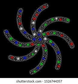 Bright mesh galaxy with glare effect. White wire frame triangular mesh in vector format on a black background. Abstract 2d mesh created from triangular lines, round dots, colorful glare spots.