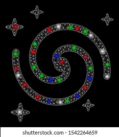 Bright mesh galaxy with glare effect. White wire frame polygonal mesh in vector format on a black background. Abstract 2d mesh designed with triangular lines, small circle, colorful light spots.