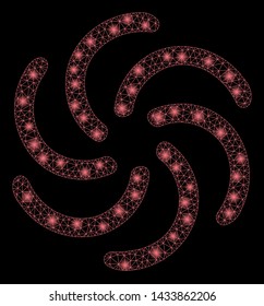 Bright mesh galaxy with sparkle effect. Abstract illuminated model of galaxy icon. Shiny wire frame polygonal mesh galaxy. Vector abstraction on a black background.
