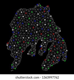 Bright mesh Gambier Island map with glare effect. Wire carcass triangular network in vector format on a black background. Abstract 2d mesh designed with triangular lines, small circle,