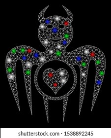 Bright mesh gambling happy devil with glare effect. White wire carcass triangular mesh in vector format on a black background. Abstract 2d mesh built from triangular lines, round dots,