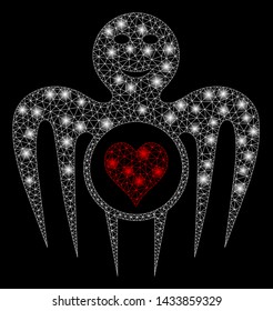 Bright mesh gambling happy monster with glare effect. Abstract illuminated model of gambling happy monster icon. Shiny wire frame polygonal mesh gambling happy monster.