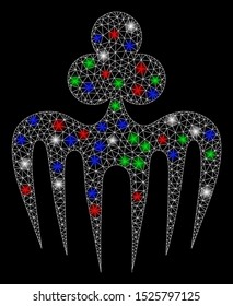 Bright mesh gambling spectre monster with glow effect. White wire carcass triangular mesh in vector format on a black background. Abstract 2d mesh built from triangular lines, round dots,