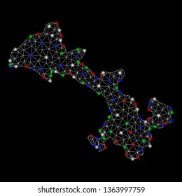 Bright mesh Gansu Province map with lightspot effect. Wire carcass triangular mesh in vector format on a black background. Abstract 2d mesh designed with triangular lines, points, colored flare spots.