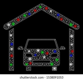 Bright mesh garage car with lightspot effect. White wire carcass polygonal mesh in vector format on a black background. Abstract 2d mesh designed with polygonal grid, round dots, colorful flash spots.