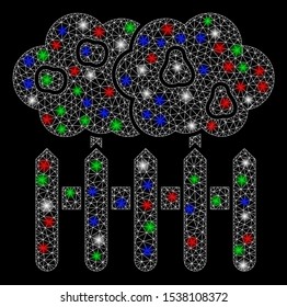 Bright mesh garden with glare effect. White wire carcass triangular mesh in vector format on a black background. Abstract 2d mesh built from triangular lines, round dots, colored flare spots.