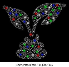 Bright mesh garden natural fertilizer with glare effect. White wire carcass triangular mesh in vector format on a black background. Abstract 2d mesh designed with triangles, points,