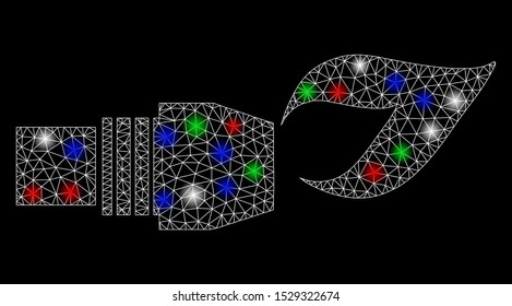 Bright mesh gas burner nozzle fire with lightspot effect. White wire carcass polygonal mesh in vector format on a black background. Abstract 2d mesh designed with triangles, round dots,