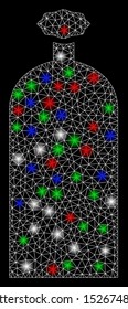 Bright mesh gas cylinder with lightspot effect. White wire carcass triangular mesh in vector format on a black background. Abstract 2d mesh designed with triangles, dots, colorful glare spots.