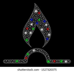Bright mesh gas flame with glare effect. White wire carcass polygonal mesh in vector format on a black background. Abstract 2d mesh designed with polygonal grid, spheric points, colored light spots.