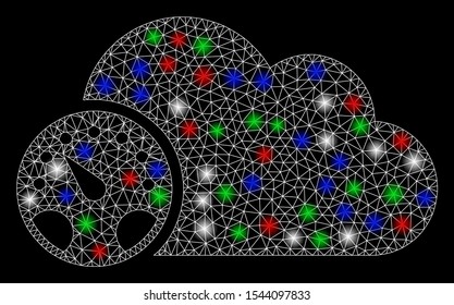 Bright mesh gauge with glare effect. White wire frame triangular mesh in vector format on a black background. Abstract 2d mesh designed with triangular lines, spheric points, colorful glare spots.