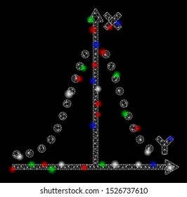 Bright mesh gauss plot with glare effect. White wire frame polygonal mesh in vector format on a black background. Abstract 2d mesh designed with polygonal grid, small circle, colorful light spots.
