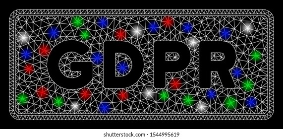 Bright mesh GDPR rectangle with glow effect. White wire carcass polygonal mesh in vector format on a black background. Abstract 2d mesh built from polygonal grid, spheric points, colored flare spots.