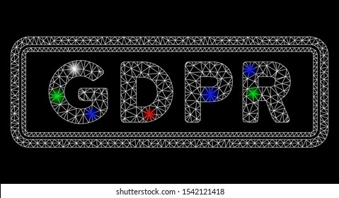 Bright mesh GDPR rectangle with lightspot effect. White wire carcass polygonal mesh in vector format on a black background. Abstract 2d mesh designed with polygonal grid, small circle,