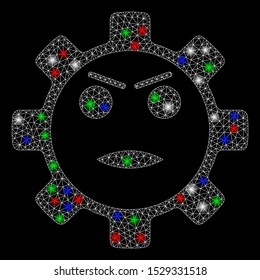 Bright mesh gear angry smiley with lightspot effect. White wire frame triangular mesh in vector format on a black background. Abstract 2d mesh designed with triangles, dots, colorful flare spots.