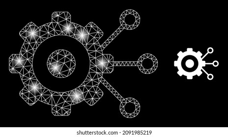 Bright mesh gear connections web icon with bright spots. Illuminated constellation generated from gear connections vector icon. Bright frame web polygonal gear connections, on a black background.