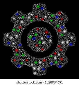 Bright mesh gear with glare effect. White wire frame triangular mesh in vector format on a black background. Abstract 2d mesh created from triangular lines, small circle, colored flash spots.