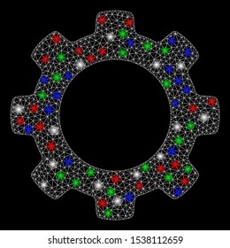 Bright mesh gear with glare effect. White wire carcass polygonal mesh in vector format on a black background. Abstract 2d mesh designed with triangles, small circle, colored glare spots.
