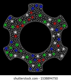 Bright mesh gear with glare effect. White wire frame polygonal mesh in vector format on a black background. Abstract 2d mesh built from polygonal grid, round dots, colored glare spots.