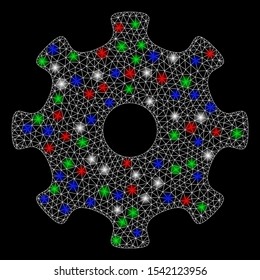 Bright mesh gear with glare effect. White wire frame triangular network in vector format on a black background. Abstract 2d mesh designed with triangular lines, round dots, colorful flash spots.
