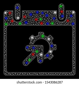 Bright mesh gear integration calendar day with lightspot effect. White wire frame triangular mesh in vector format on a black background. Abstract 2d mesh built from triangular lines, dots,