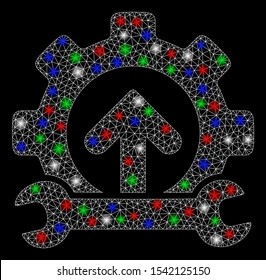 Bright mesh gear integration tools with glow effect. White wire frame polygonal mesh in vector format on a black background. Abstract 2d mesh designed with triangular lines, spheric points,