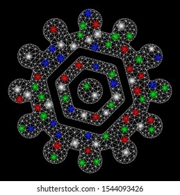 Bright mesh gear with lightspot effect. White wire frame polygonal mesh in vector format on a black background. Abstract 2d mesh designed with triangular lines, round dots, colored glare spots.