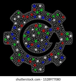 Bright mesh gear rotation with glow effect. White wire carcass polygonal mesh in vector format on a black background. Abstract 2d mesh designed with polygonal grid, dots, colorful flash spots.