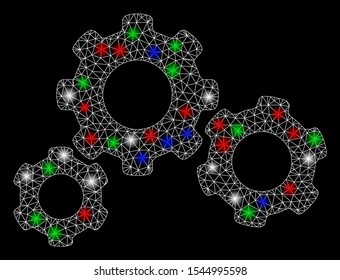 Bright mesh gear system with glare effect. White wire carcass polygonal mesh in vector format on a black background. Abstract 2d mesh created from polygonal grid, points, colorful glare spots.