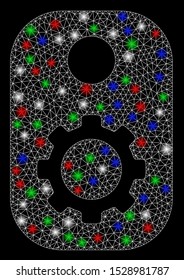 Bright mesh gear tag with glare effect. White wire frame polygonal mesh in vector format on a black background. Abstract 2d mesh designed with polygonal grid, spheric points, colorful glare spots.