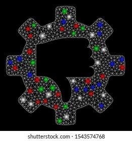 Bright mesh gear thumb down with glare effect. White wire carcass triangular mesh in vector format on a black background. Abstract 2d mesh created from triangular lines, round dots,