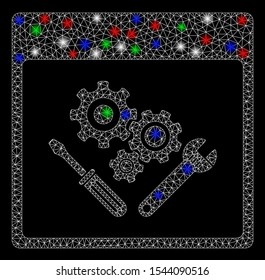 Bright mesh gear tools calendar page with glare effect. White wire frame triangular mesh in vector format on a black background. Abstract 2d mesh designed with triangular lines, points,