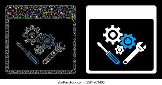 Bright mesh gear tools calendar page icon with glare effect. Abstract illuminated model of gear tools calendar page. Shiny wire frame polygonal network gear tools calendar page icon.