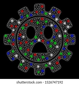 Bright mesh gear wonder smiley with lightspot effect. White wire carcass polygonal mesh in vector format on a black background. Abstract 2d mesh built from polygonal grid, round dots,