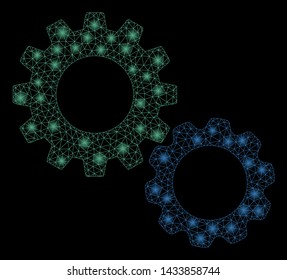Bright mesh gears with glare effect. Abstract illuminated model of gears icon. Shiny wire carcass triangular mesh gears. Vector abstraction on a black background.