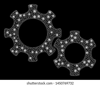 Bright mesh gears with glare effect. Abstract illuminated model of gears icon. Shiny wire carcass triangular mesh gears. Vector abstraction on a black background.