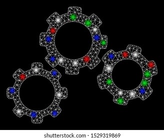 Bright mesh gears with glare effect. White wire frame polygonal mesh in vector format on a black background. Abstract 2d mesh designed with polygonal grid, spheric points, colorful flash spots.
