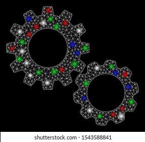 Bright mesh gears with glow effect. White wire carcass triangular mesh in vector format on a black background. Abstract 2d mesh designed with triangles, spheric points, colorful glare spots.