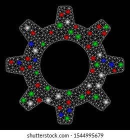 Bright mesh gearwheel with glare effect. White wire carcass polygonal network in vector format on a black background. Abstract 2d mesh designed with polygonal grid, round dots, colorful flare spots.