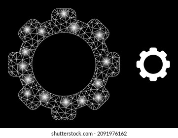Bright mesh gearwheel web icon with illuminated light spots. Illuminated model is done from gearwheel vector icon. Bright frame web polygonal gearwheel, on a black background.