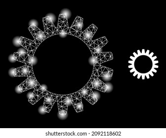 Bright mesh gearwheel web icon with majestic light spots. Illuminated model generated from gearwheel vector icon. Illuminated carcass web polygonal gearwheel, on a black background.