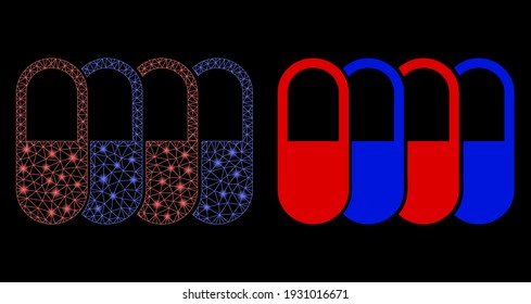 Bright mesh generic pharma with glare effect. Abstract illuminated model based on generic pharma icon. Shiny wire frame triangular network generic pharma. Vector abstraction on a black background.