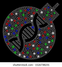 Bright mesh genetic weapon with glare effect. White wire carcass polygonal mesh in vector format on a black background. Abstract 2d mesh designed with polygonal grid, spheric points,