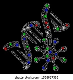 Bright mesh genetics with glare effect. White wire frame triangular network in vector format on a black background. Abstract 2d mesh designed with triangular lines, dots, colored glare spots.