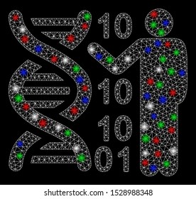 Bright mesh genetics lecture with lightspot effect. White wire carcass polygonal mesh in vector format on a black background. Abstract 2d mesh designed with polygonal grid, points,